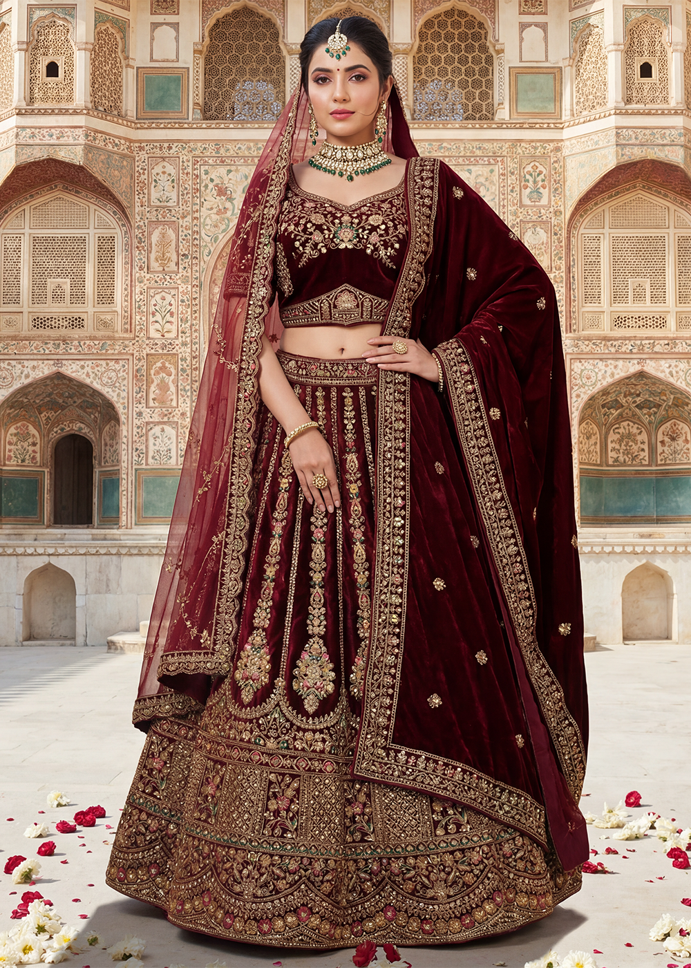 Buy Now Regal Maroon Bridal Wear Lehenga Choli with Dual Dupatta Online in US, UK, Canada, France, Italy, Greece, Sweden, Denmark, UAE & Worldwide at Empress.