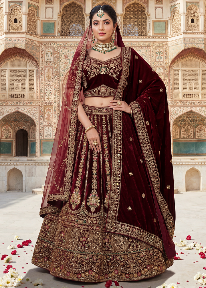 Buy Now Regal Maroon Bridal Wear Lehenga Choli with Dual Dupatta Online in US, UK, Canada, France, Italy, Greece, Sweden, Denmark, UAE &amp; Worldwide at Empress.