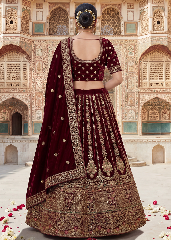 Buy Now Regal Maroon Bridal Wear Lehenga Choli with Dual Dupatta Online in US, UK, Canada, France, Italy, Greece, Sweden, Denmark, UAE &amp; Worldwide at Empress.