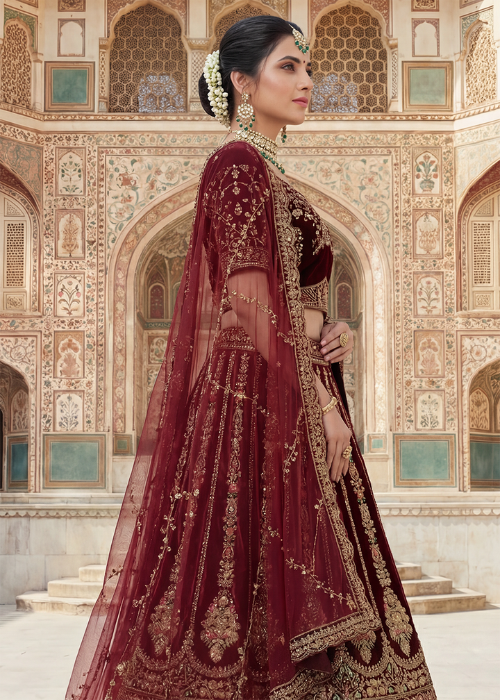 Buy Now Regal Maroon Bridal Wear Lehenga Choli with Dual Dupatta Online in US, UK, Canada, France, Italy, Greece, Sweden, Denmark, UAE &amp; Worldwide at Empress.