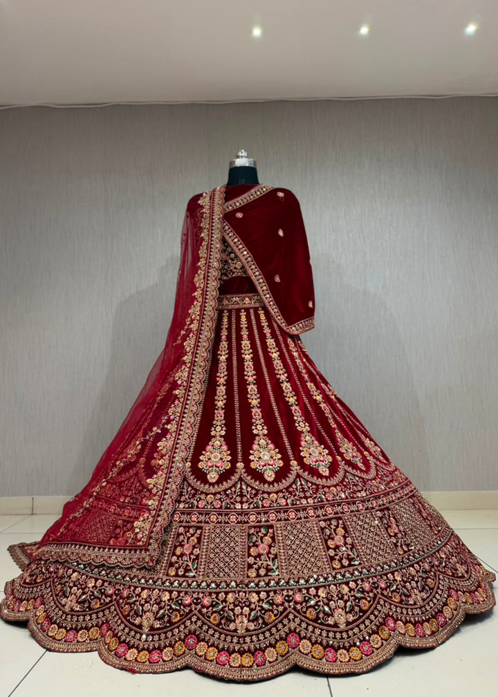 Buy Now Regal Maroon Bridal Wear Lehenga Choli with Dual Dupatta Online in US, UK, Canada, France, Italy, Greece, Sweden, Denmark, UAE &amp; Worldwide at Empress.