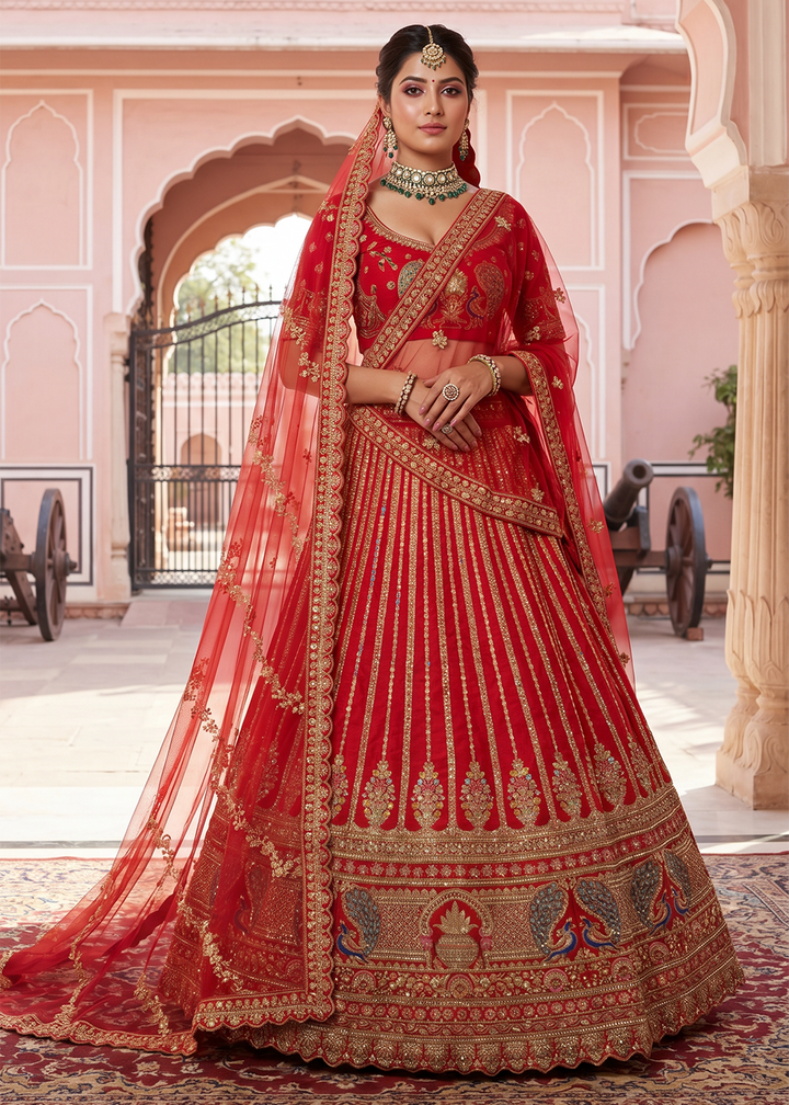 Buy Now Stunning Red Bridal Wear Lehenga Choli with Dual Dupatta Online in US, UK, Canada, France, Italy, Greece, Sweden, Denmark, UAE &amp; Worldwide at Empress.