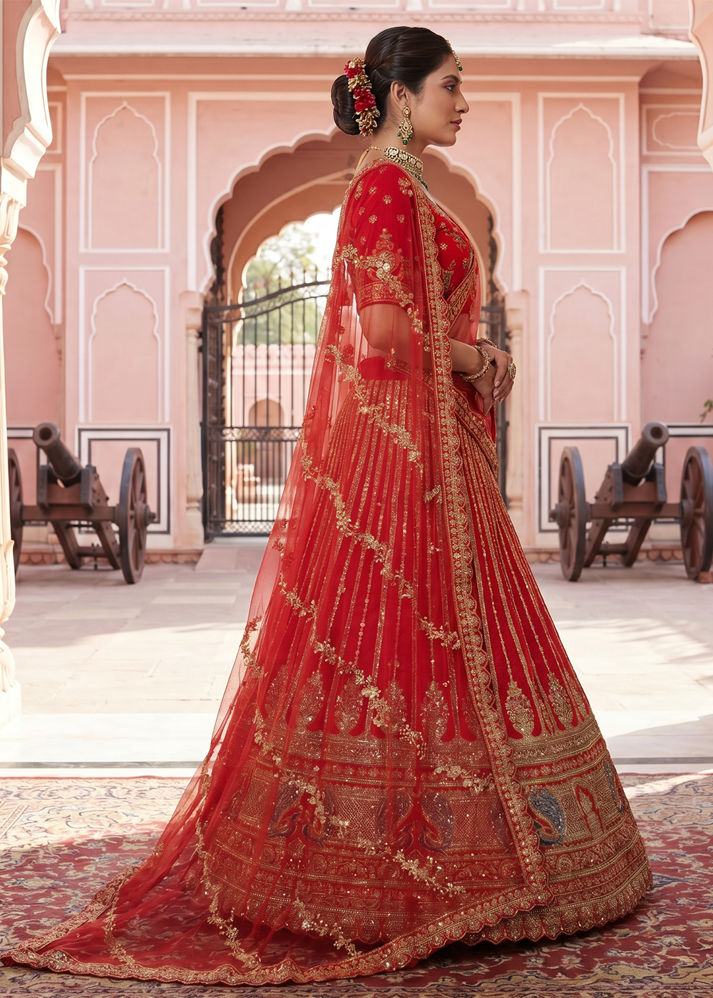 Buy Now Stunning Red Bridal Wear Lehenga Choli with Dual Dupatta Online in US, UK, Canada, France, Italy, Greece, Sweden, Denmark, UAE &amp; Worldwide at Empress.