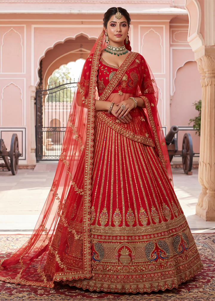 Buy Now Stunning Red Bridal Wear Lehenga Choli with Dual Dupatta Online in US, UK, Canada, France, Italy, Greece, Sweden, Denmark, UAE &amp; Worldwide at Empress.