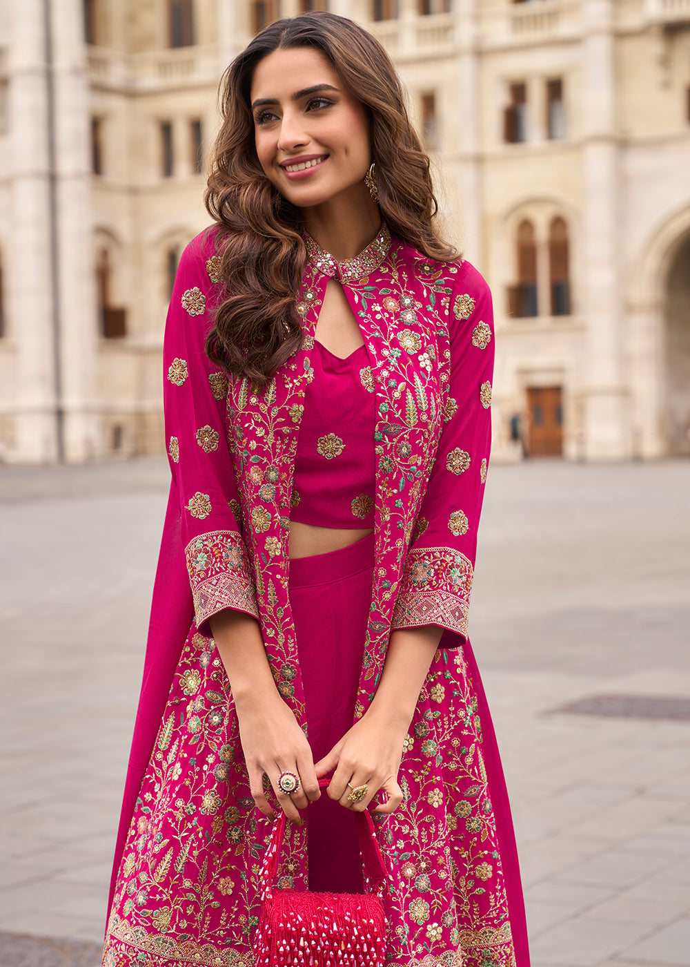 Buy Now Pink Shrug Style Georgette Indo Western Suit Online in US, UK, Canada, Germany, Italy, France, Austria, Denmark, Australia, UAE & Worldwide at Empress.