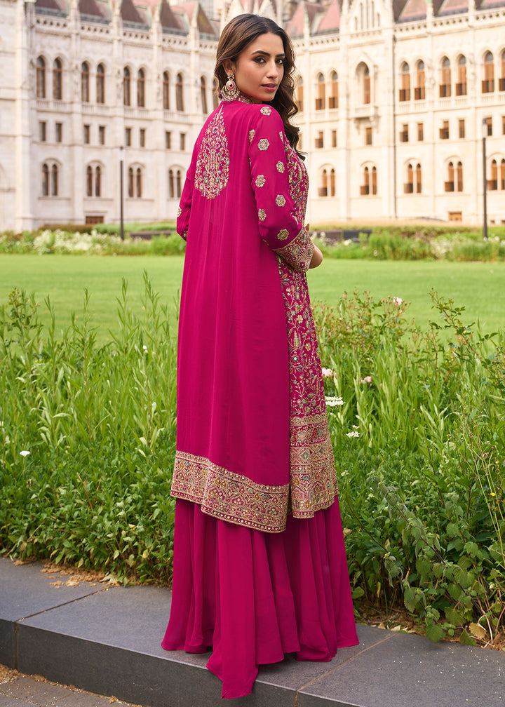 Buy Now Pink Shrug Style Georgette Indo Western Suit Online in US, UK, Canada, Germany, Italy, France, Austria, Denmark, Australia, UAE & Worldwide at Empress.