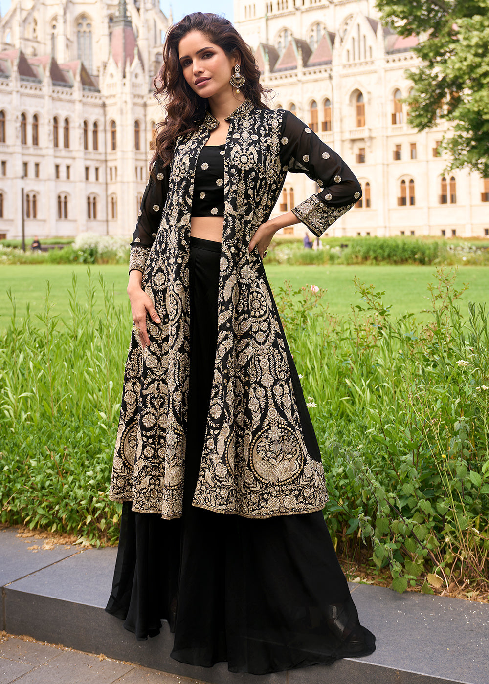 Buy Now Black Shrug Style Georgette Indo Western Suit Online in US, UK, Canada, Germany, Italy, France, Austria, Denmark, Australia, UAE & Worldwide at Empress.
