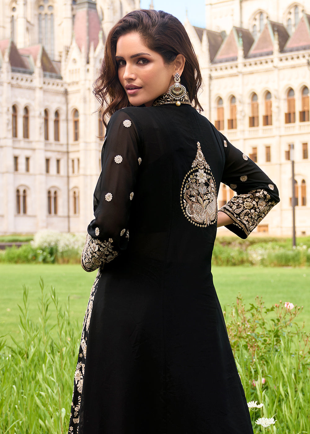 Buy Now Black Shrug Style Georgette Indo Western Suit Online in US, UK, Canada, Germany, Italy, France, Austria, Denmark, Australia, UAE & Worldwide at Empress.