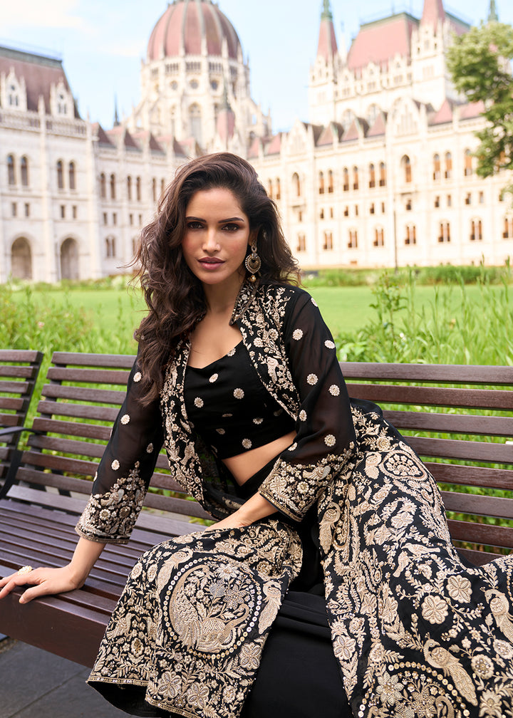 Buy Now Black Shrug Style Georgette Indo Western Suit Online in US, UK, Canada, Germany, Italy, France, Austria, Denmark, Australia, UAE & Worldwide at Empress.