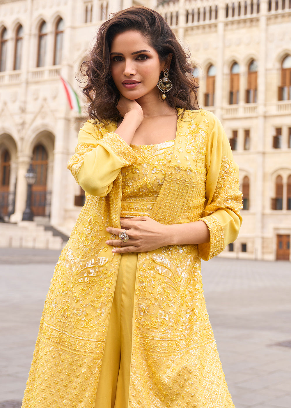 Buy Now Yellow Shrug Style Georgette Indo Western Suit Online in US, UK, Canada, Germany, Italy, France, Austria, Denmark, Australia, UAE & Worldwide at Empress.