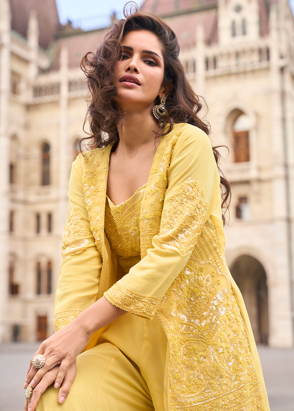 Buy Now Yellow Shrug Style Georgette Indo Western Suit Online in US, UK, Canada, Germany, Italy, France, Austria, Denmark, Australia, UAE & Worldwide at Empress.