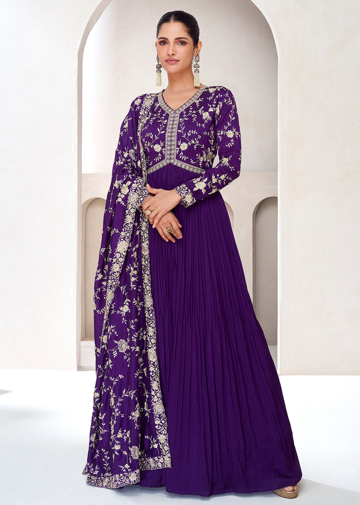 Buy Now Topnotch Purple Embroidered Premium Silk Anarkali Suit Online in USA, UK, Australia, New Zealand, Canada & Worldwide at Empress Clothing