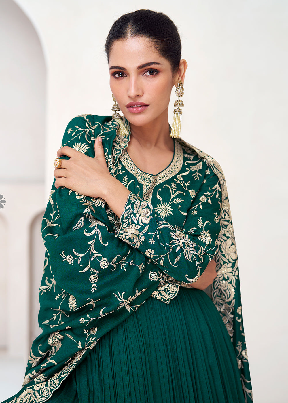 Buy Now Topnotch Green Embroidered Premium Silk Anarkali Suit Online in USA, UK, Australia, New Zealand, Canada & Worldwide at Empress Clothing.