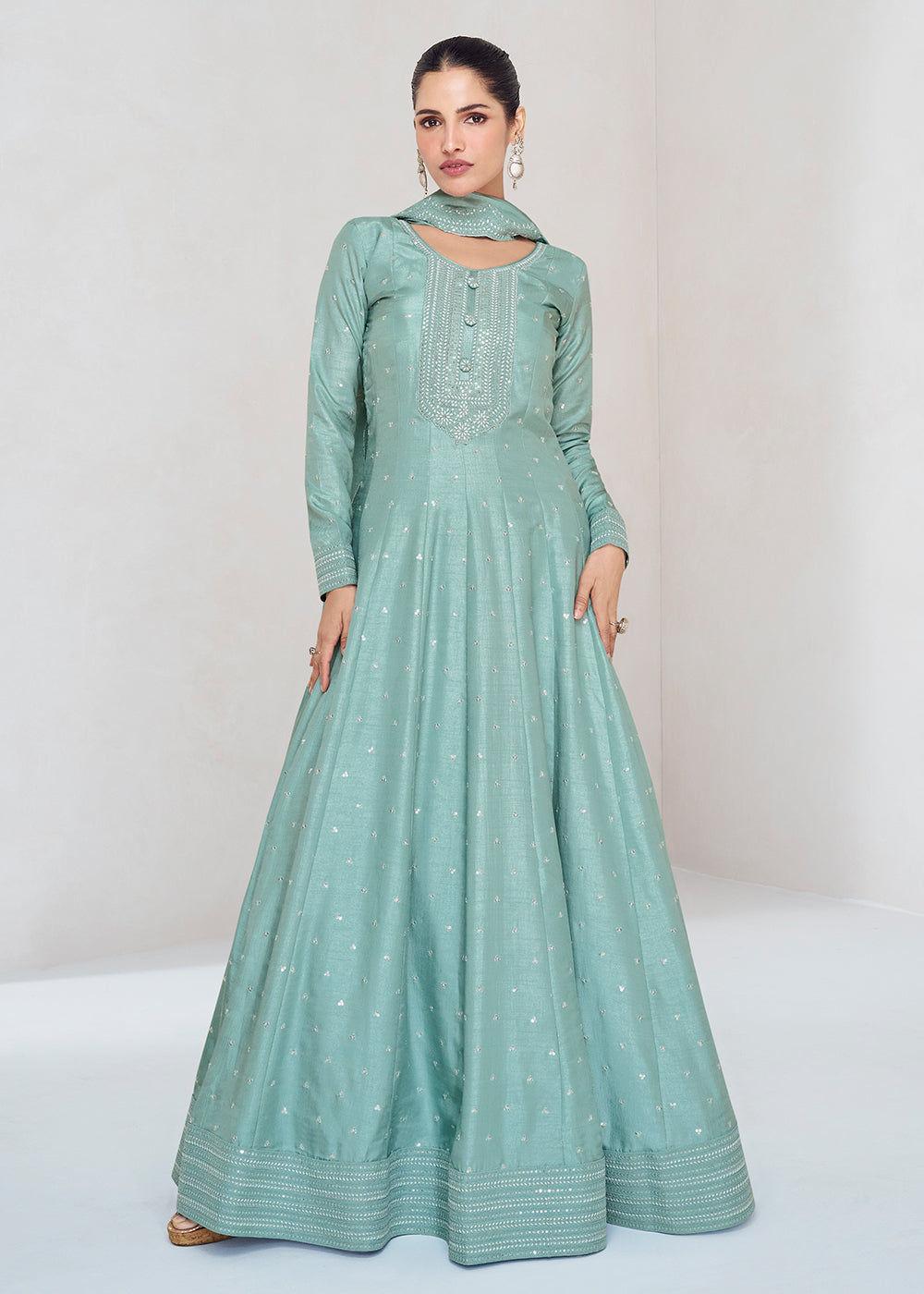 Buy Now Stunning Mint Blue Silk Embroidered Wedding Anarkali Gown Online in USA, UK, Australia, Canada & Worldwide at Empress Clothing.