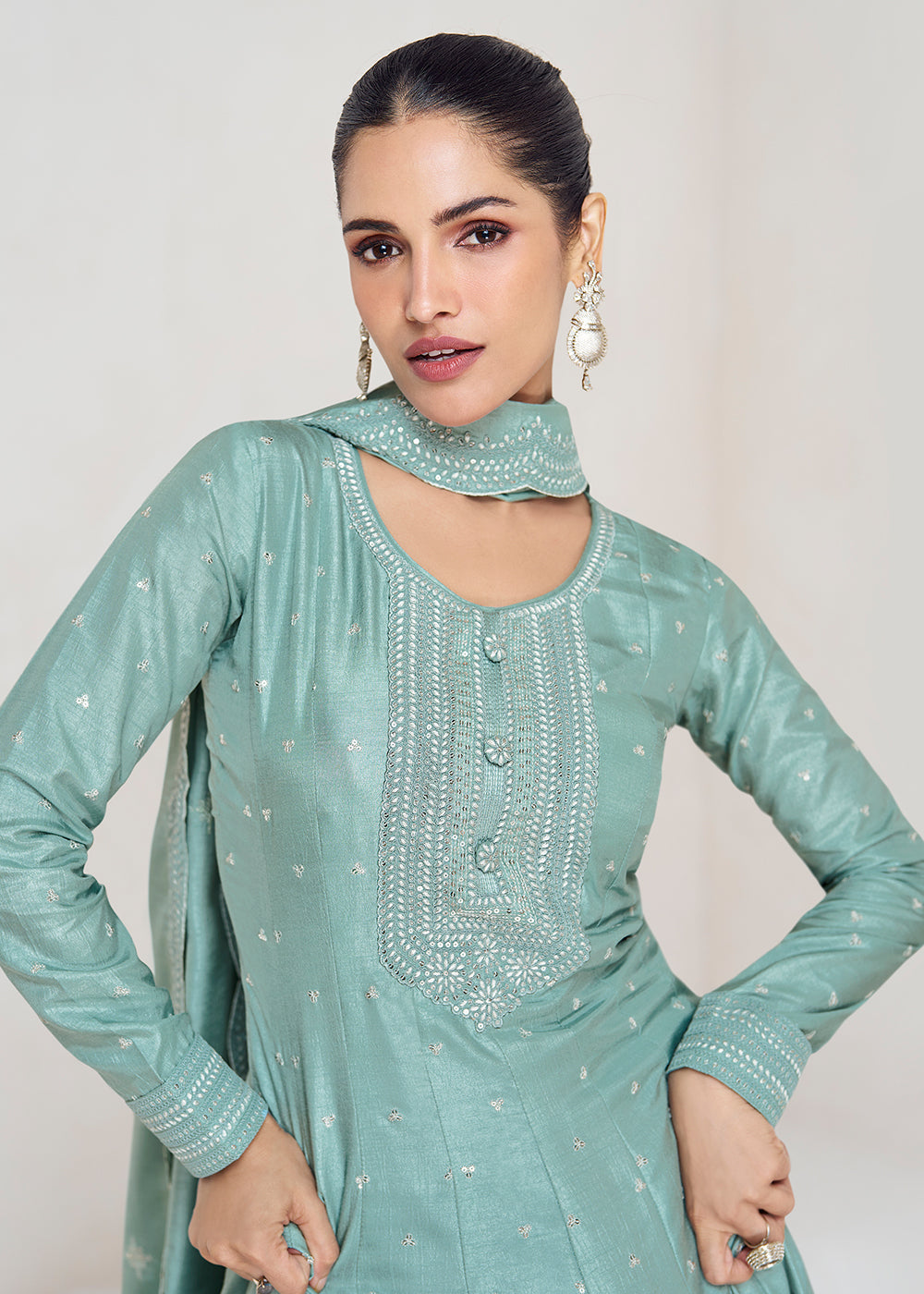 Buy Now Stunning Mint Blue Silk Embroidered Wedding Anarkali Gown Online in USA, UK, Australia, Canada & Worldwide at Empress Clothing.