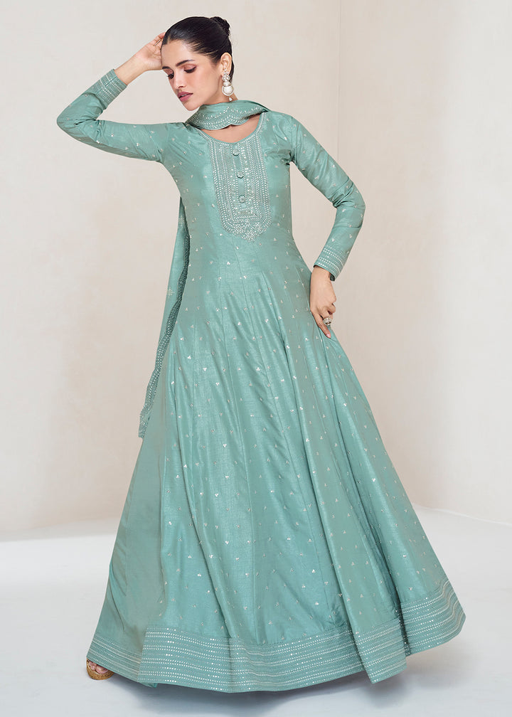 Buy Now Stunning Mint Blue Silk Embroidered Wedding Anarkali Gown Online in USA, UK, Australia, Canada & Worldwide at Empress Clothing.