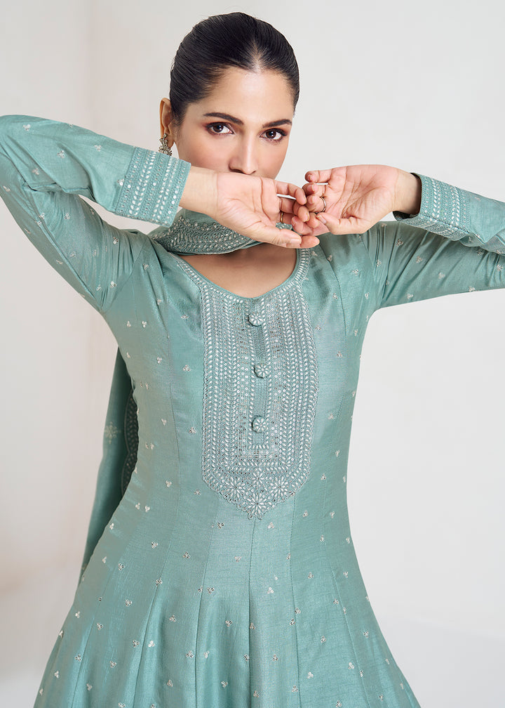 Buy Now Stunning Mint Blue Silk Embroidered Wedding Anarkali Gown Online in USA, UK, Australia, Canada & Worldwide at Empress Clothing.