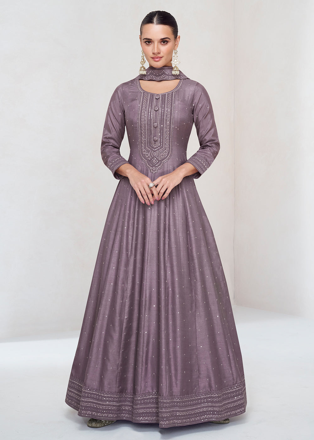 Buy Now Stunning Dusty Purple Silk Embroidered Wedding Anarkali Gown Online in USA, UK, Australia, Canada & Worldwide at Empress Clothing. 