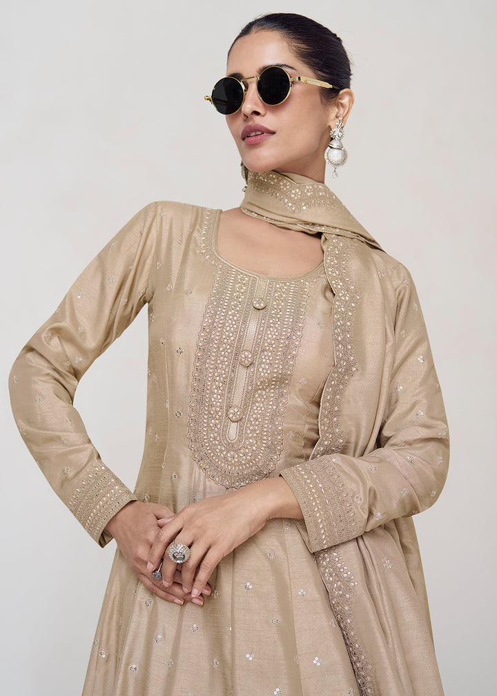 Buy Now Stunning Beige Silk Embroidered Wedding Anarkali Gown Online in USA, UK, Australia, Canada & Worldwide at Empress Clothing.