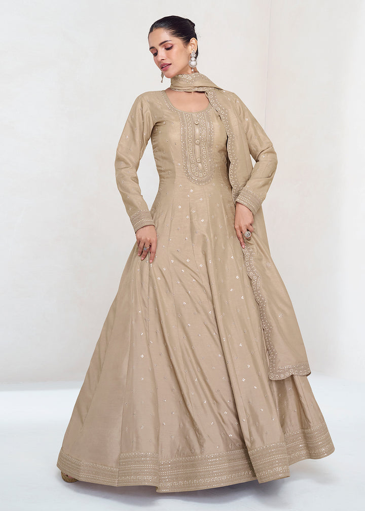 Buy Now Stunning Beige Silk Embroidered Wedding Anarkali Gown Online in USA, UK, Australia, Canada & Worldwide at Empress Clothing.