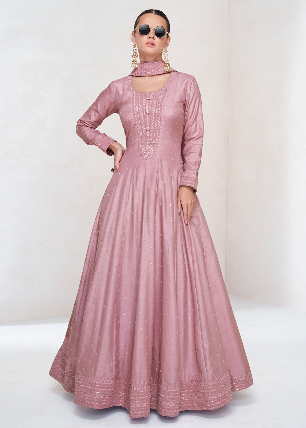 Buy Now Stunning Pink Silk Embroidered Wedding Anarkali Gown Online in USA, UK, Australia, Canada & Worldwide at Empress Clothing.