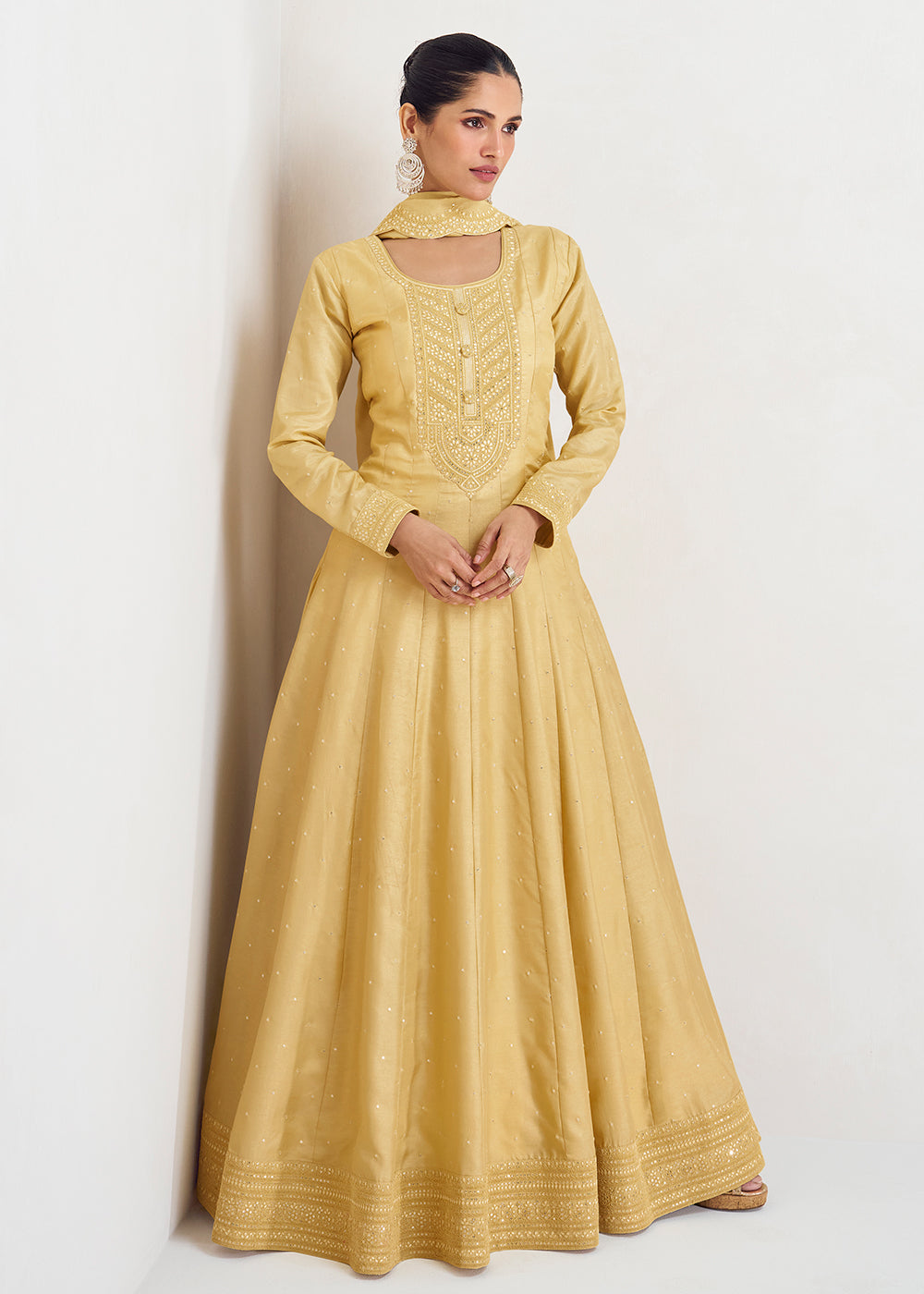 Buy Now Stunning Yellow Silk Embroidered Wedding Anarkali Gown Online in USA, UK, Australia, Canada & Worldwide at Empress Clothing.