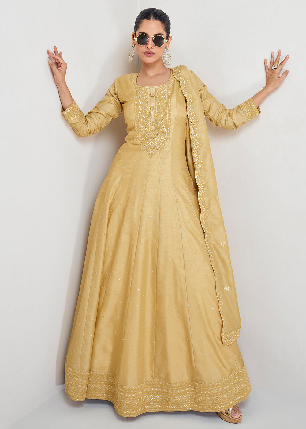 Buy Now Stunning Yellow Silk Embroidered Wedding Anarkali Gown Online in USA, UK, Australia, Canada & Worldwide at Empress Clothing.