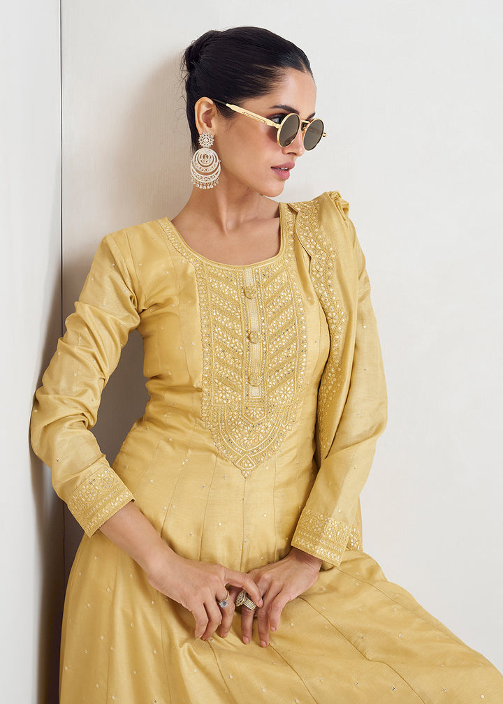 Buy Now Stunning Yellow Silk Embroidered Wedding Anarkali Gown Online in USA, UK, Australia, Canada & Worldwide at Empress Clothing.