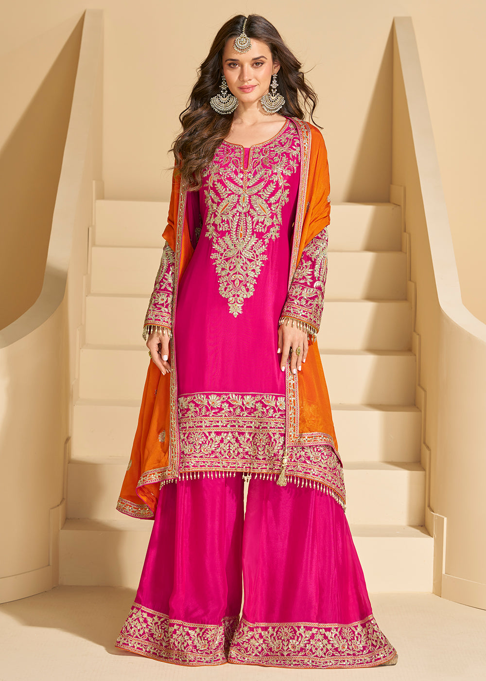 Buy Now Rani Pink Chinnon Silk Palazzo Style Suit Online in US, UK, Canada, Germany, Italy, France, Austria, Australia, Denmark, UAE & Worldwide at Empress.