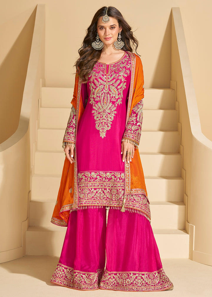 Buy Now Rani Pink Chinnon Silk Palazzo Style Suit Online in US, UK, Canada, Germany, Italy, France, Austria, Australia, Denmark, UAE & Worldwide at Empress.