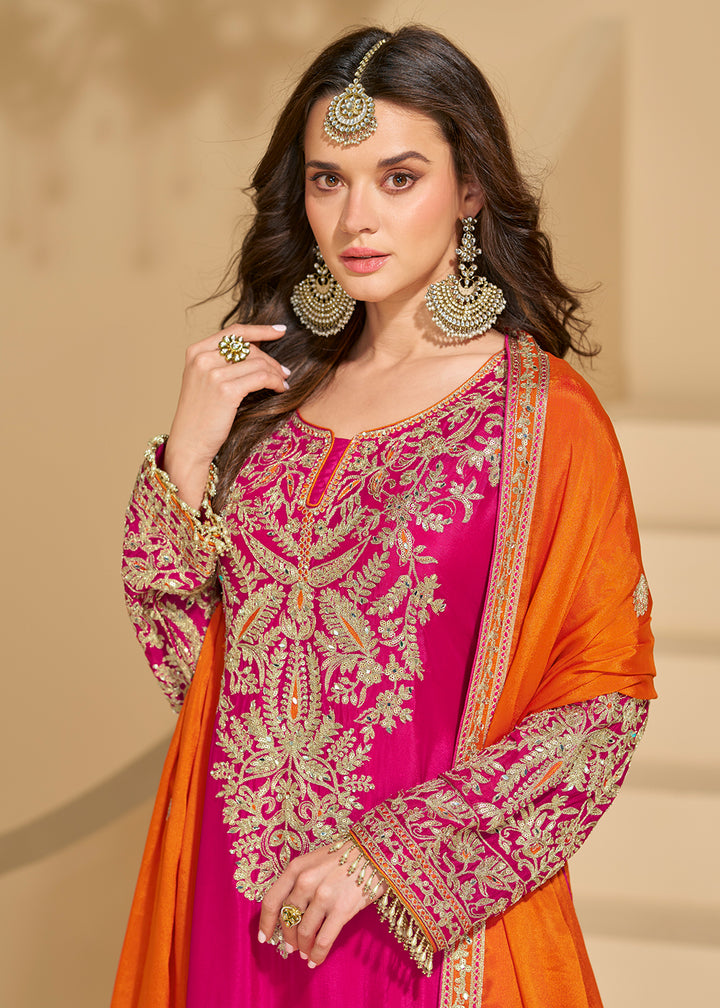 Buy Now Rani Pink Chinnon Silk Palazzo Style Suit Online in US, UK, Canada, Germany, Italy, France, Austria, Australia, Denmark, UAE & Worldwide at Empress.