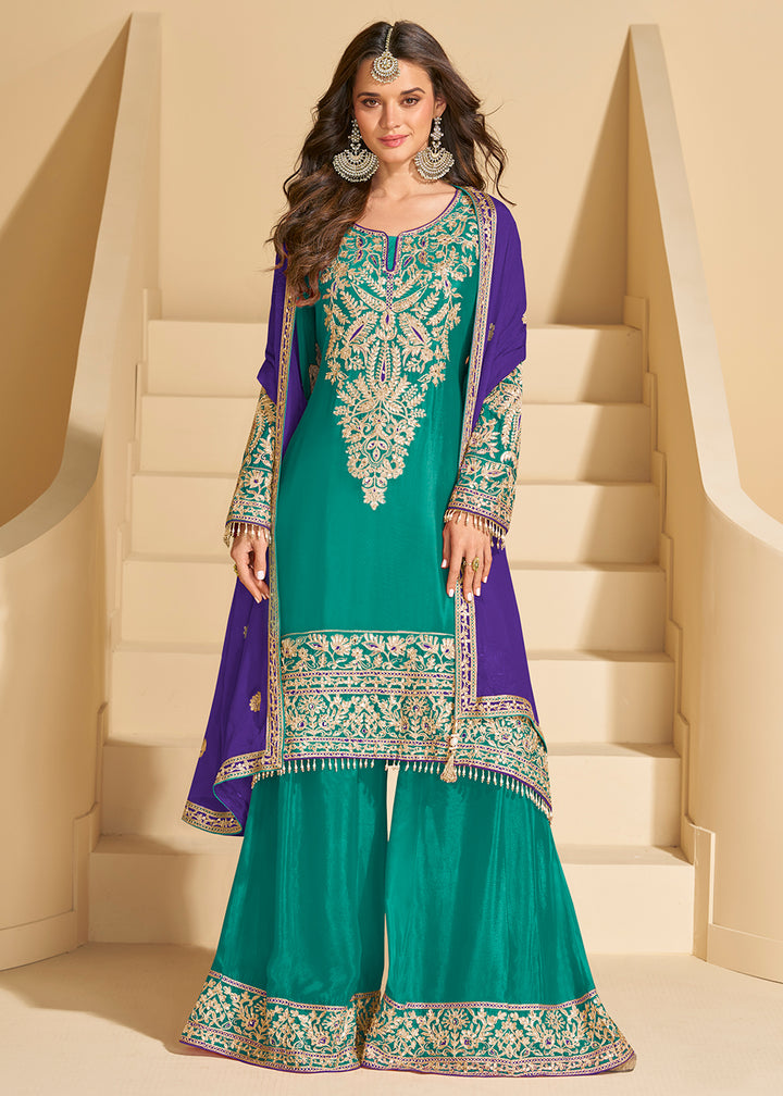 Buy Now Rama Green Chinnon Silk Palazzo Style Suit Online in US, UK, Canada, Germany, Italy, France, Austria, Australia, Denmark, UAE & Worldwide at Empress.