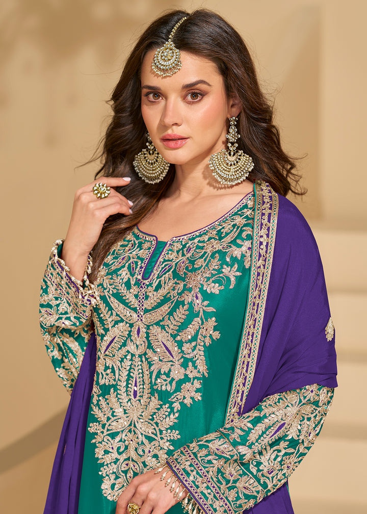 Buy Now Rama Green Chinnon Silk Palazzo Style Suit Online in US, UK, Canada, Germany, Italy, France, Austria, Australia, Denmark, UAE & Worldwide at Empress.