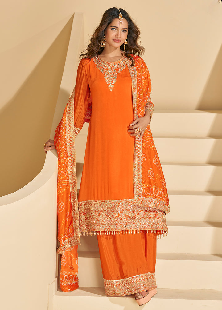 Buy Now Tangy Orange Chinnon Silk Palazzo Style Suit Online in US, UK, Canada, Germany, Italy, France, Austria, Australia, Denmark, UAE & Worldwide at Empress.