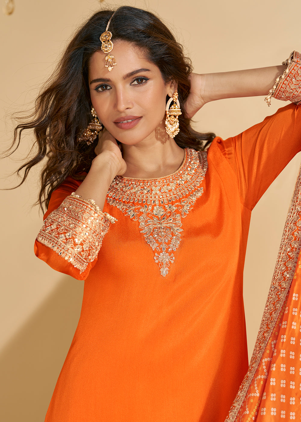 Buy Now Tangy Orange Chinnon Silk Palazzo Style Suit Online in US, UK, Canada, Germany, Italy, France, Austria, Australia, Denmark, UAE & Worldwide at Empress.