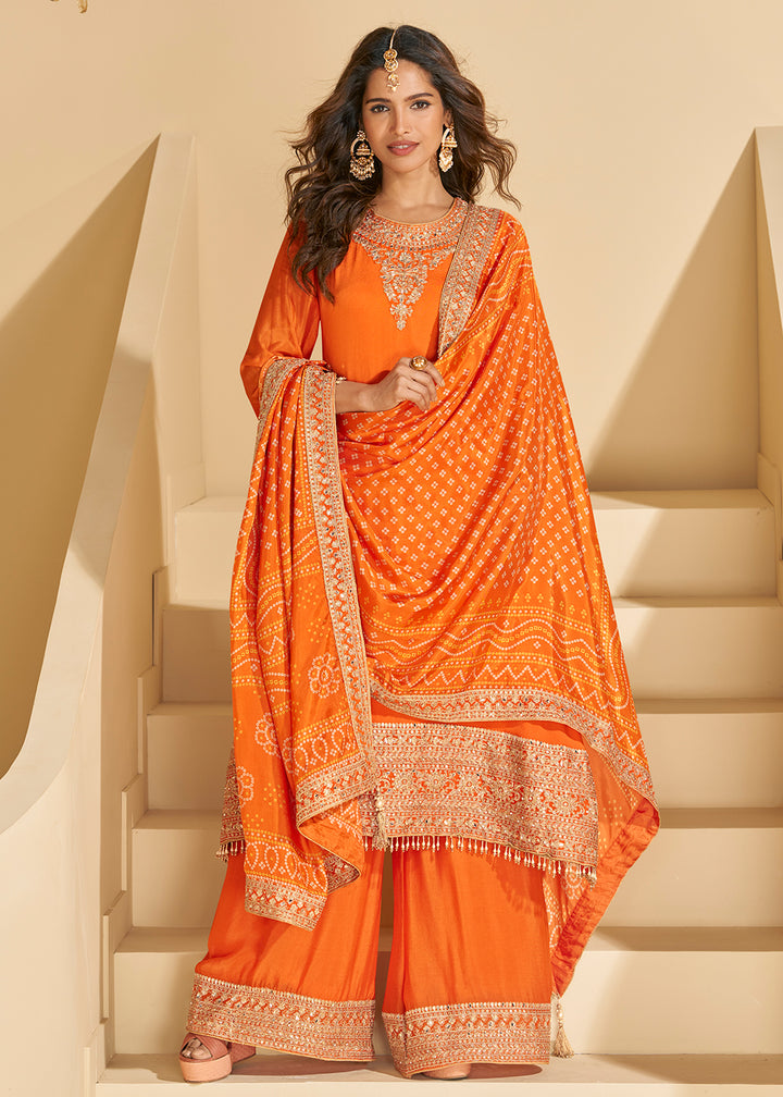 Buy Now Tangy Orange Chinnon Silk Palazzo Style Suit Online in US, UK, Canada, Germany, Italy, France, Austria, Australia, Denmark, UAE & Worldwide at Empress.