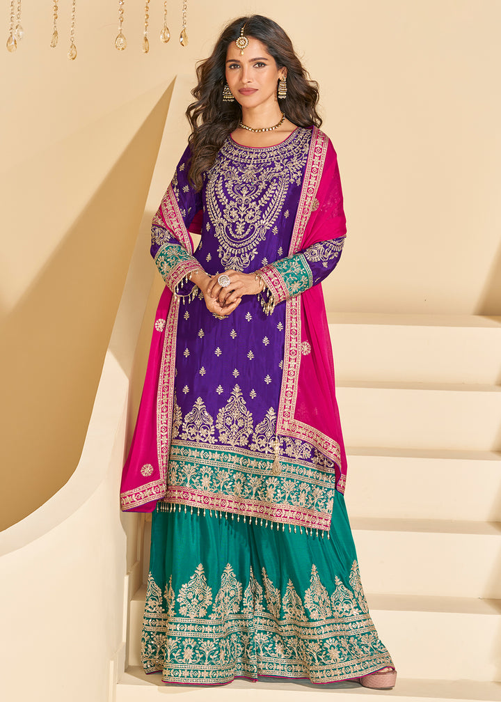 Buy Now Purple & Teal Chinnon Silk Palazzo Style Suit Online in US, UK, Canada, Germany, Italy, France, Austria, Australia, Denmark, UAE & Worldwide at Empress.