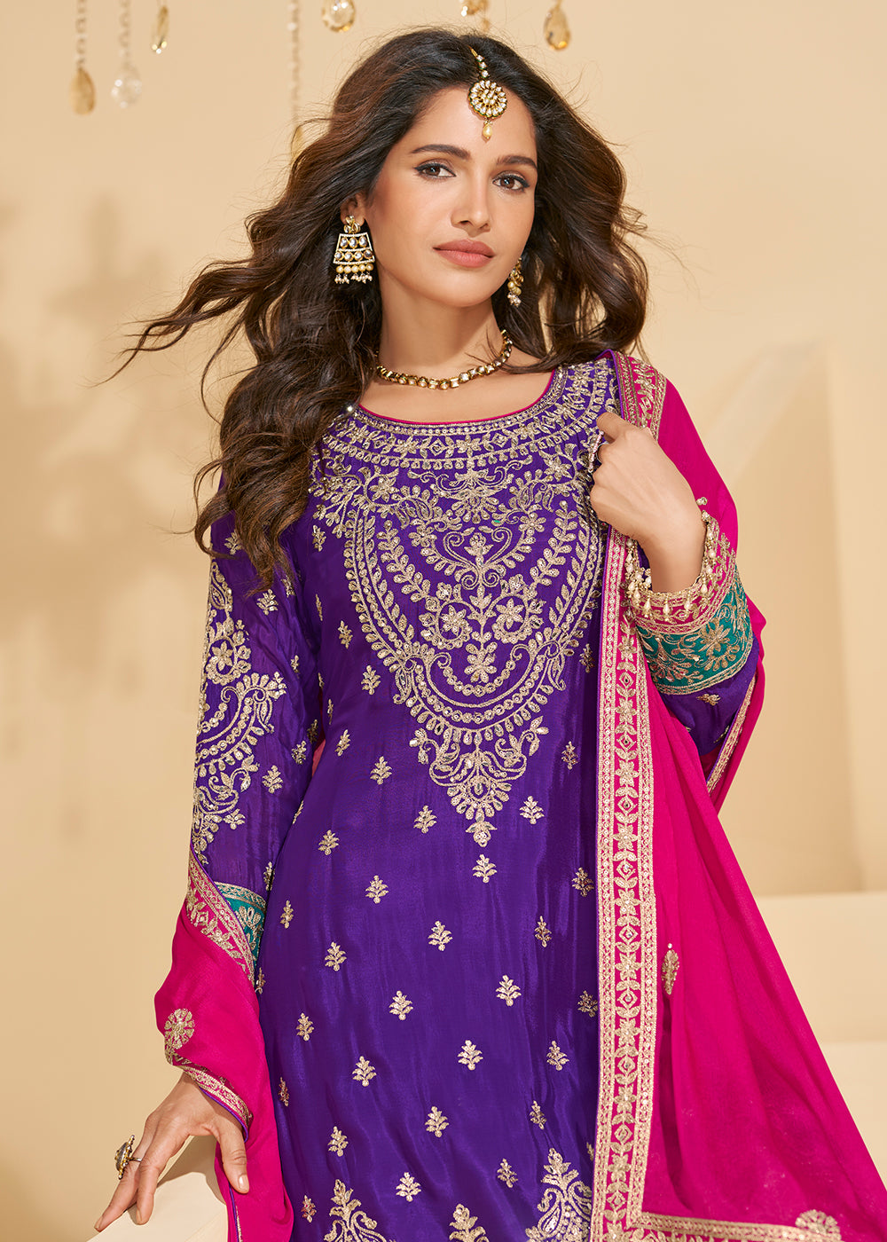 Buy Now Purple & Teal Chinnon Silk Palazzo Style Suit Online in US, UK, Canada, Germany, Italy, France, Austria, Australia, Denmark, UAE & Worldwide at Empress.