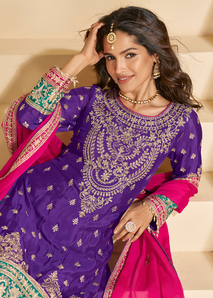 Buy Now Purple & Teal Chinnon Silk Palazzo Style Suit Online in US, UK, Canada, Germany, Italy, France, Austria, Australia, Denmark, UAE & Worldwide at Empress.