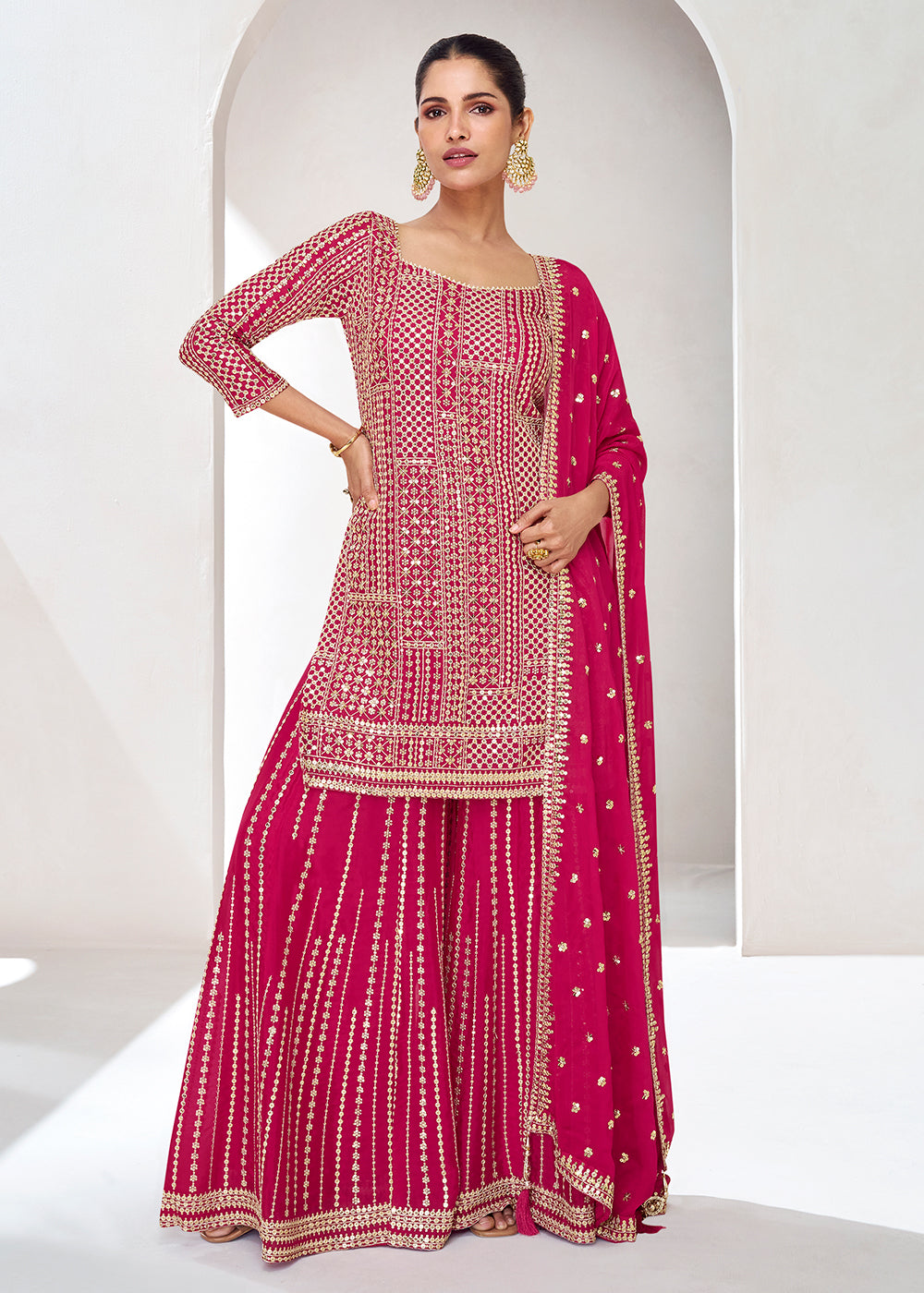 Buy Now Embroidered Chinnon Hot Pink Wedding Palazzo Style Suit Online in USA, UK, Canada, Germany, Australia & Worldwide at Empress Clothing.