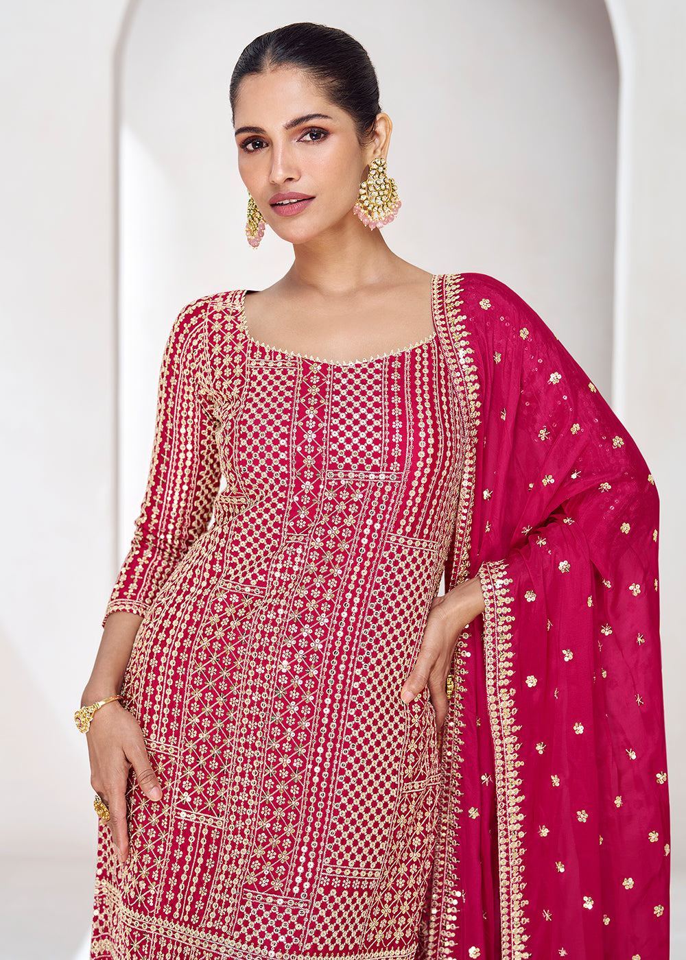 Buy Now Embroidered Chinnon Hot Pink Wedding Palazzo Style Suit Online in USA, UK, Canada, Germany, Australia & Worldwide at Empress Clothing.