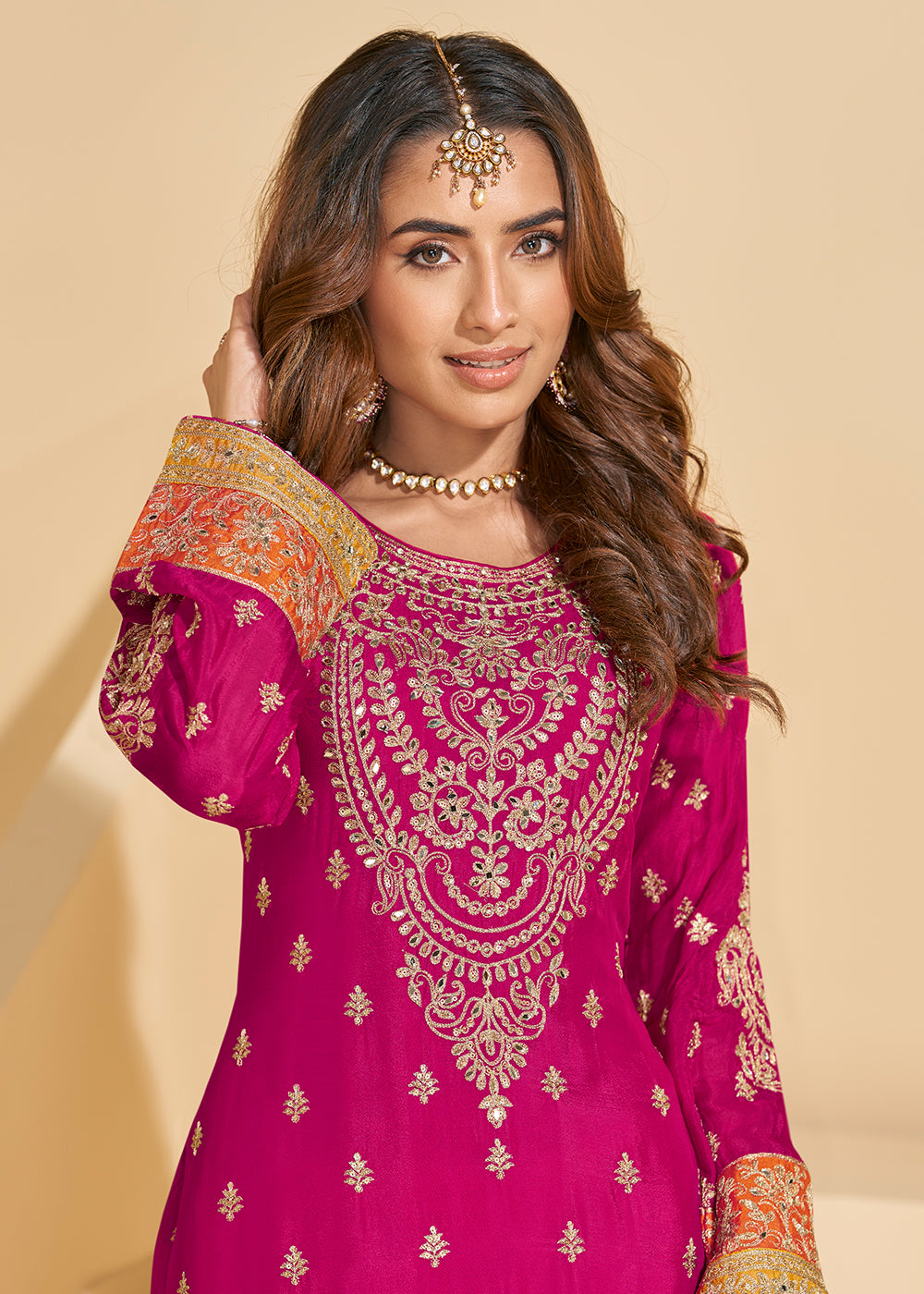 Buy Now Pink & Orange Chinnon Silk Palazzo Style Suit Online in US, UK, Canada, Germany, Italy, France, Austria, Australia, Denmark, UAE & Worldwide at Empress.
