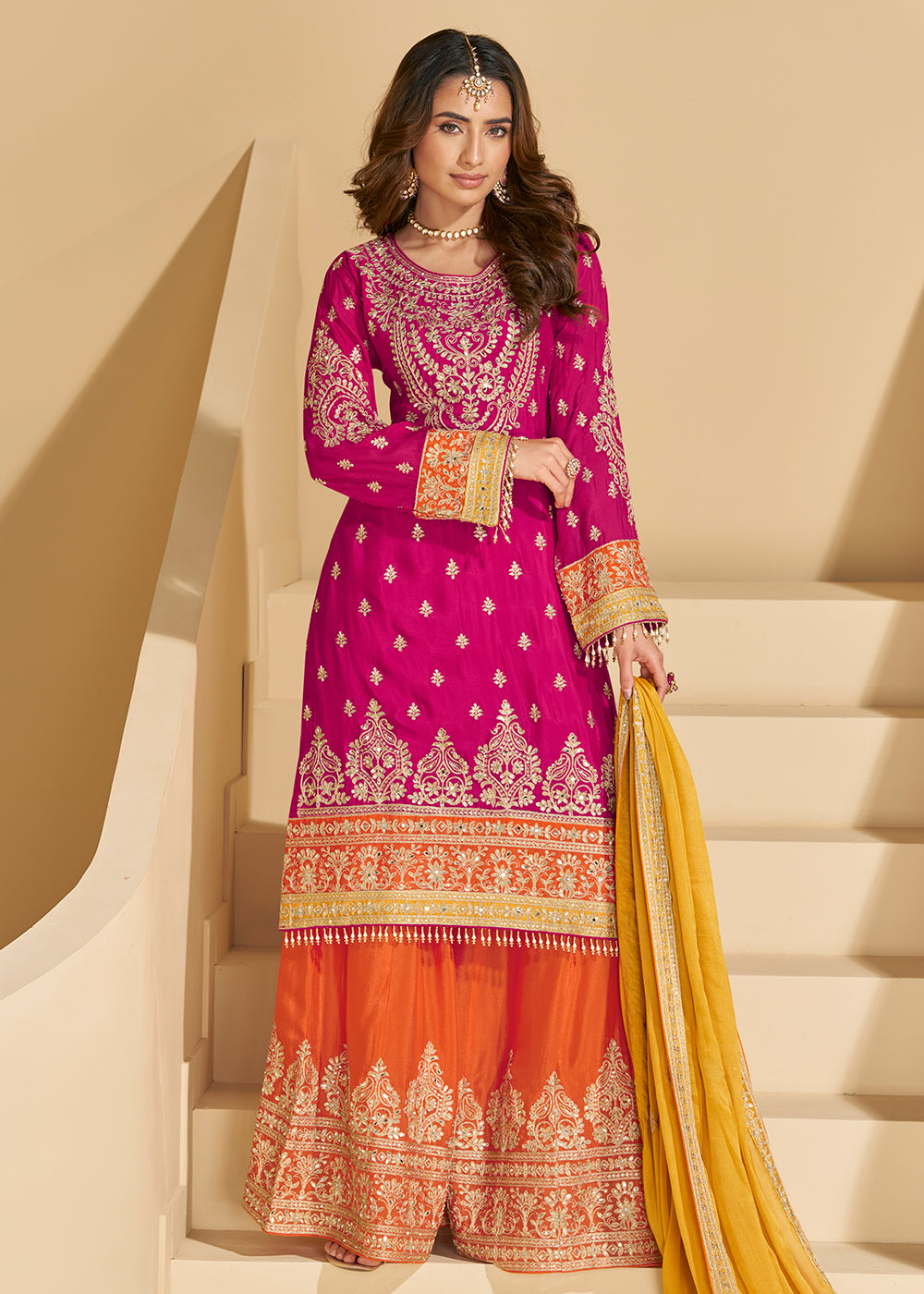 Buy Now Pink & Orange Chinnon Silk Palazzo Style Suit Online in US, UK, Canada, Germany, Italy, France, Austria, Australia, Denmark, UAE & Worldwide at Empress.