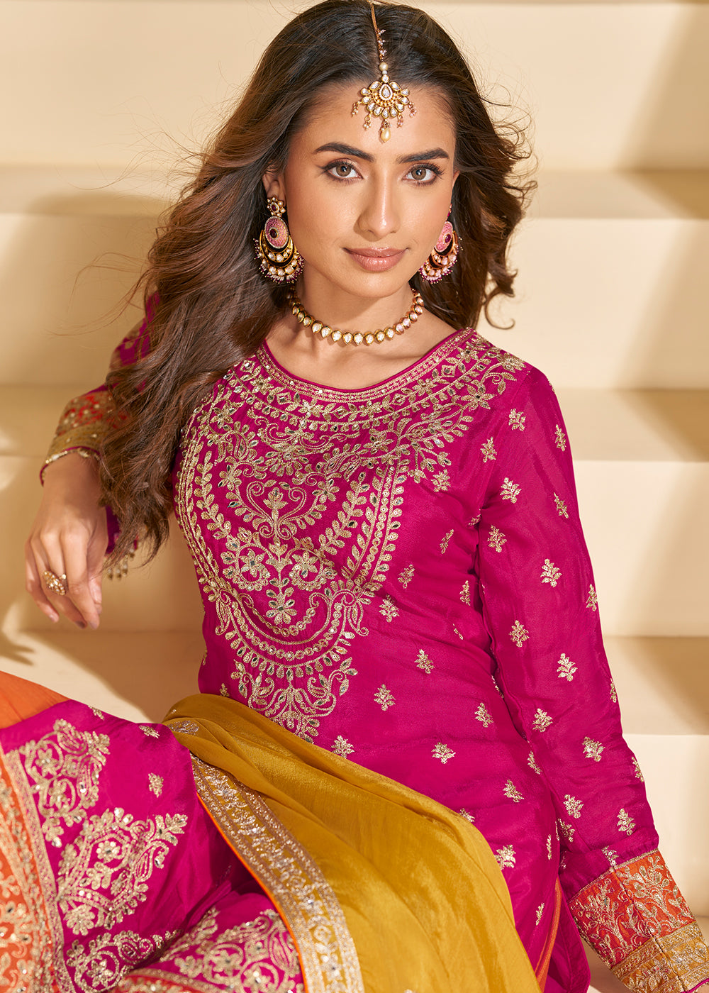 Buy Now Pink & Orange Chinnon Silk Palazzo Style Suit Online in US, UK, Canada, Germany, Italy, France, Austria, Australia, Denmark, UAE & Worldwide at Empress.