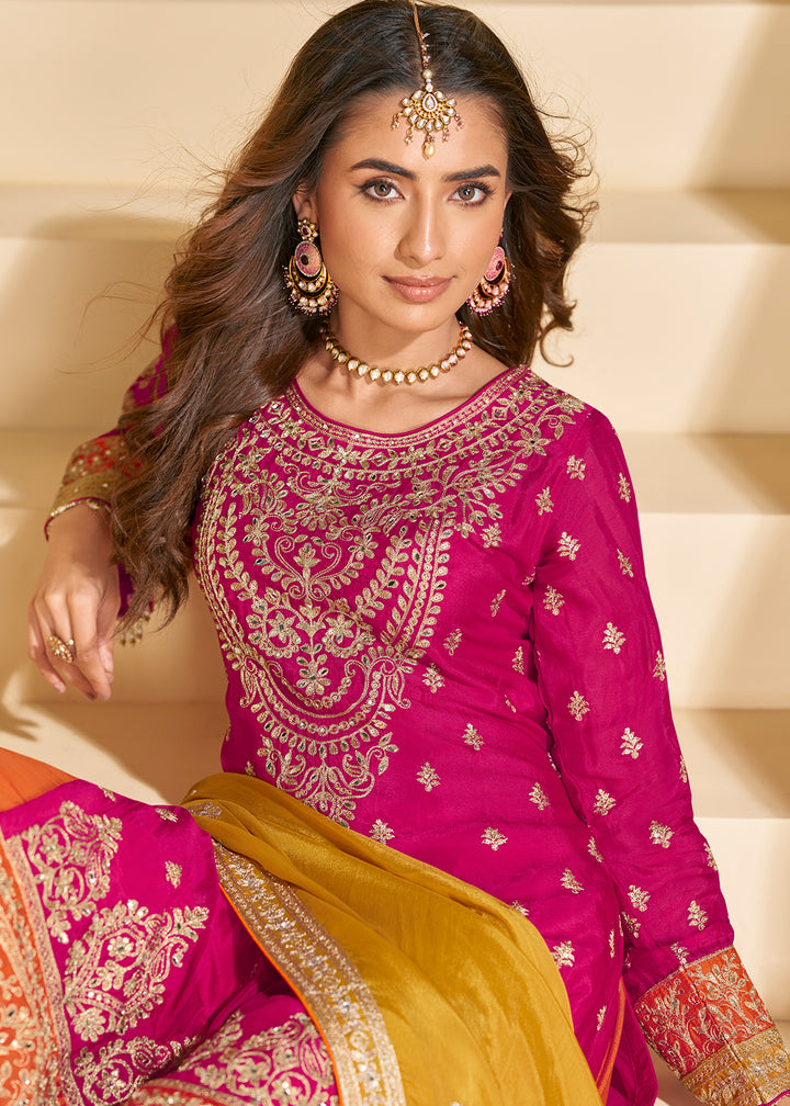 Buy Now Pink & Orange Chinnon Silk Palazzo Style Suit Online in US, UK, Canada, Germany, Italy, France, Austria, Australia, Denmark, UAE & Worldwide at Empress.