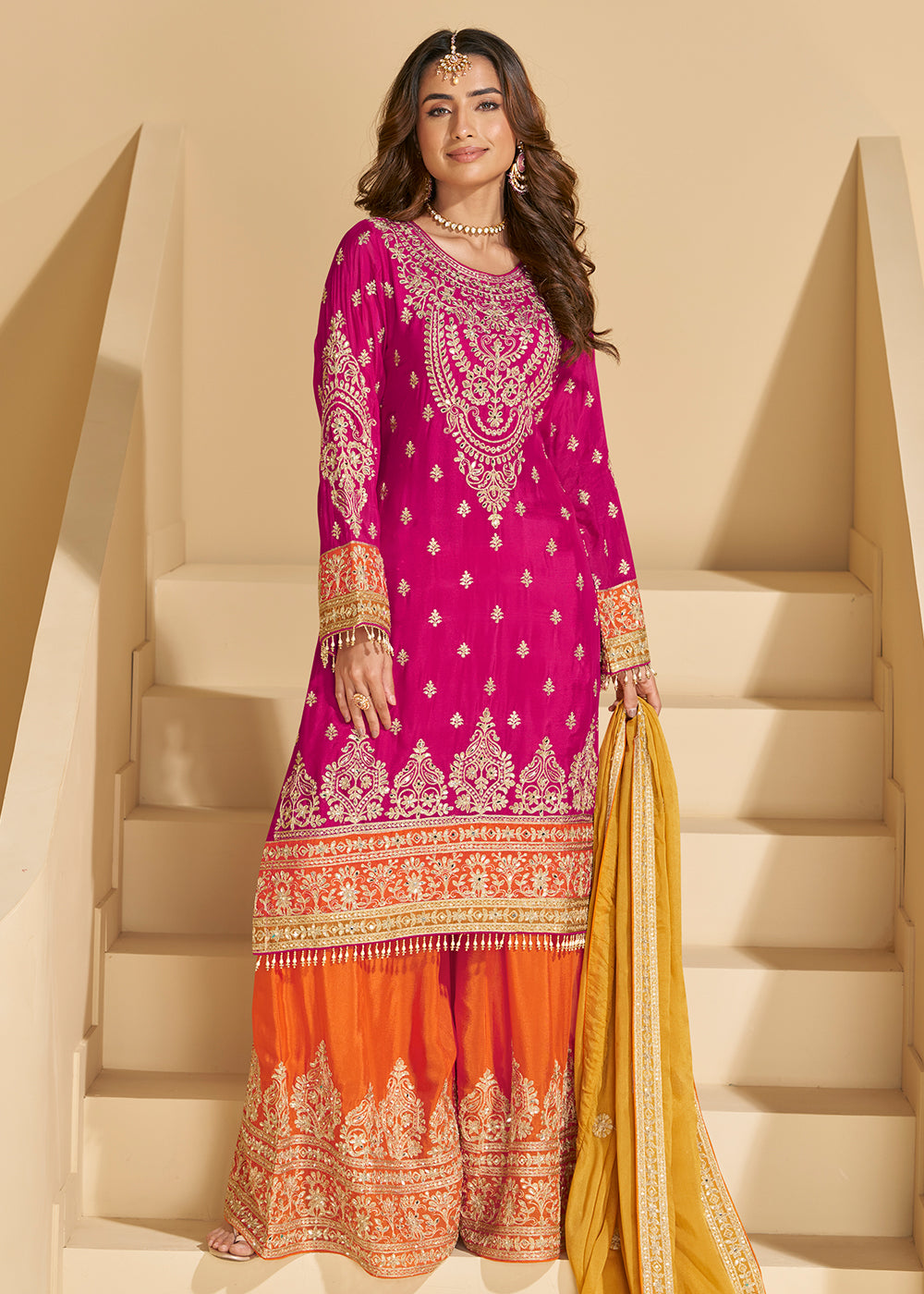 Buy Now Pink & Orange Chinnon Silk Palazzo Style Suit Online in US, UK, Canada, Germany, Italy, France, Austria, Australia, Denmark, UAE & Worldwide at Empress.