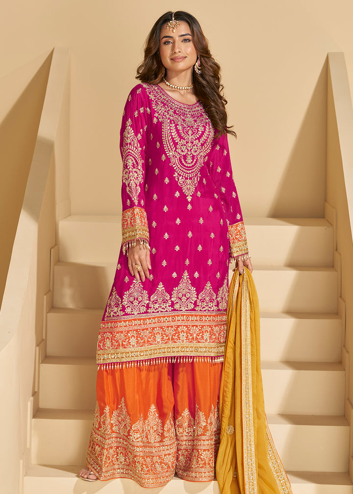 Buy Now Pink & Orange Chinnon Silk Palazzo Style Suit Online in US, UK, Canada, Germany, Italy, France, Austria, Australia, Denmark, UAE & Worldwide at Empress.