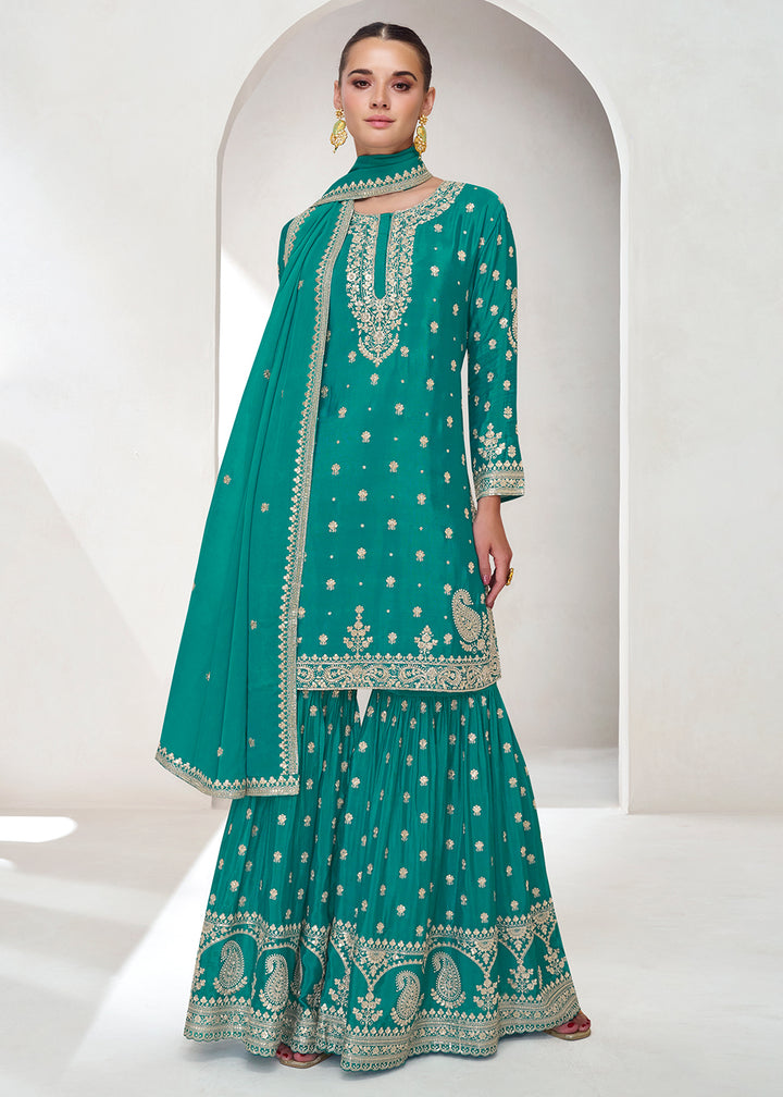 Shop Now Embroidered Chinnon Turquoise Wedding Gharara Style Suit Online at Empress Clothing in USA, UK, Canada, Italy & Worldwide. 