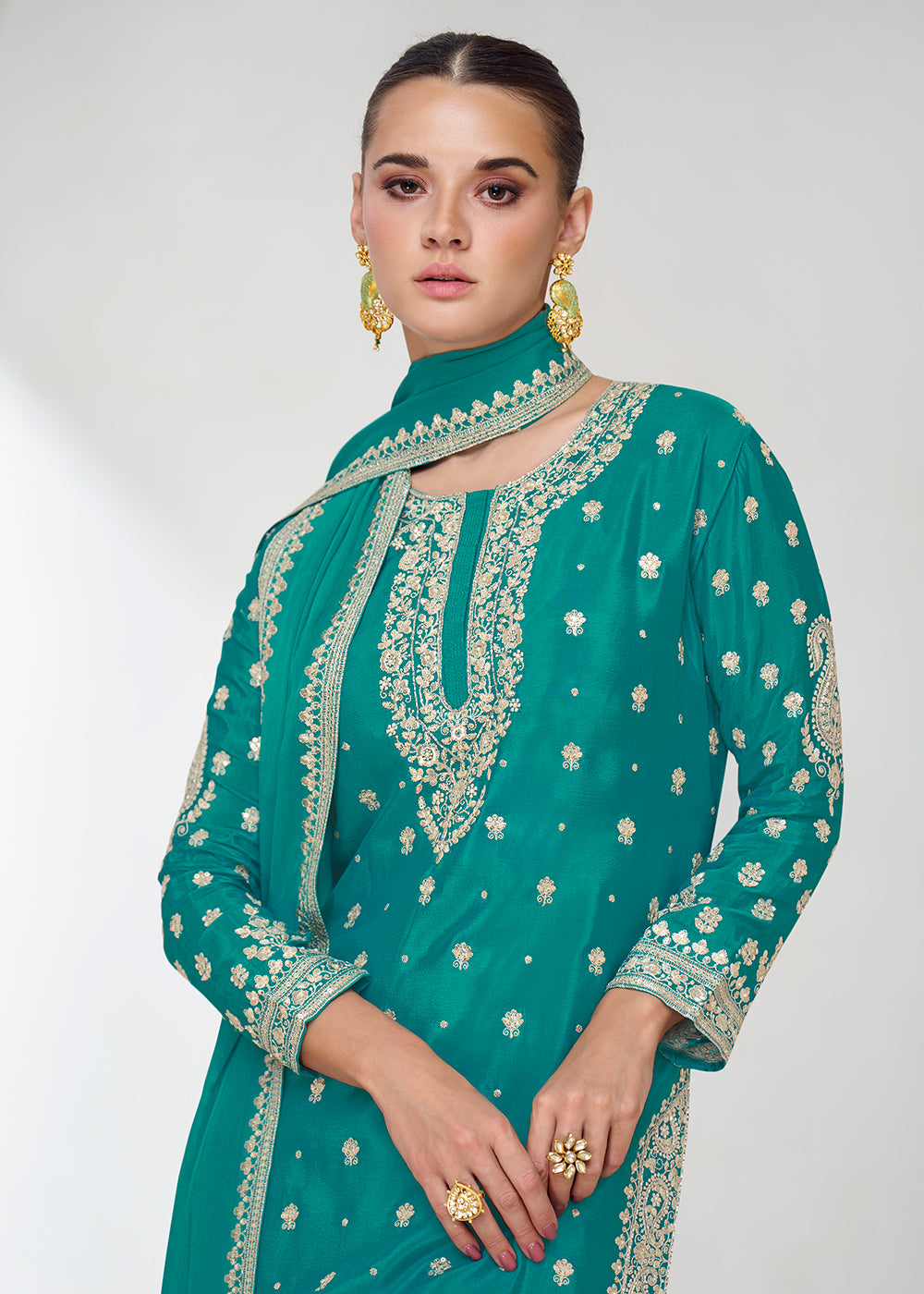 Shop Now Embroidered Chinnon Turquoise Wedding Gharara Style Suit Online at Empress Clothing in USA, UK, Canada, Italy & Worldwide. 