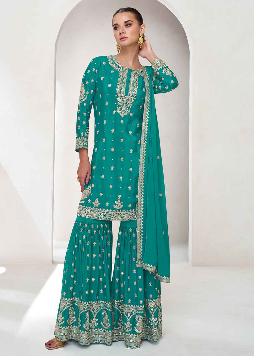 Shop Now Embroidered Chinnon Turquoise Wedding Gharara Style Suit Online at Empress Clothing in USA, UK, Canada, Italy & Worldwide. 